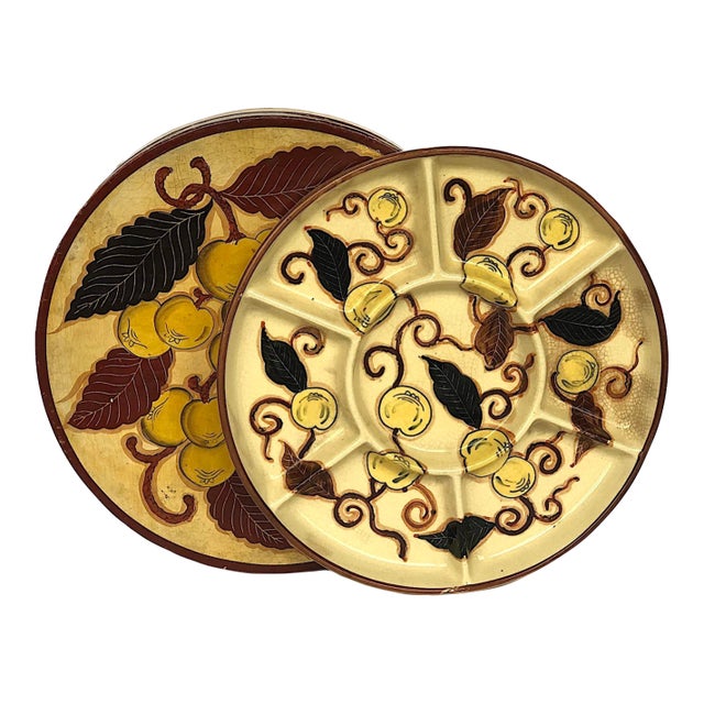 Antique Hand Painted Japanese Ceramic Serving Tray in Decorative Lacquer Box For Sale