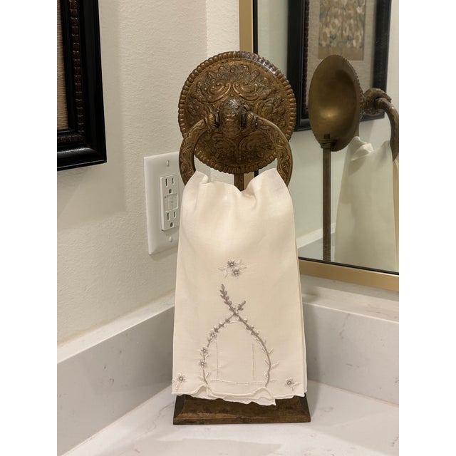 Decorative freestanding architectural brass towel ring stand that will beautifully display your linen guest towels. CIRCA:...