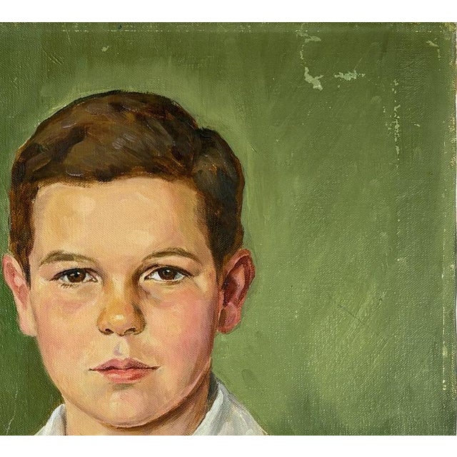 1954 Signed Tsune Kato Tokyo Oil Portrait of a Boy, Mid-Century Modern Japanese Academic Realism, Post-War Art, Sage Green Wall Decor For Sale In Portland, OR - Image 6 of 12