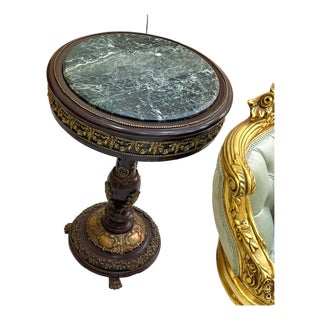 Elegant French-Style Round Side Table – Marble Top With Hand-Carved Gilded Wood Frame For Sale
