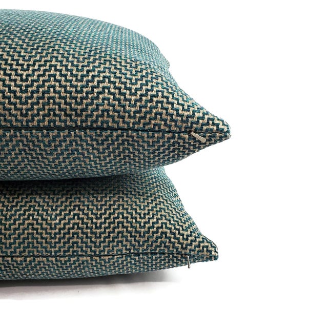 Gp & J Baker Glanville in Teal Pillow Cover - 20" X 20" Teal and Gray Geometric Weave Cushion Case For Sale - Image 4 of 5