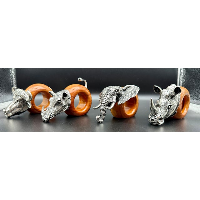 African Vintage 1980s Makoulpa South African Pewter & Wood Safari Animal Napkin Rings – Set of 8 For Sale - Image 3 of 18