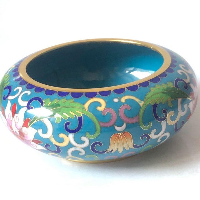 Metal Vintage Cloisonné Enamel Lotus Bowl / Scholar's Brush Washer With Gilt Rim For Sale - Image 7 of 9