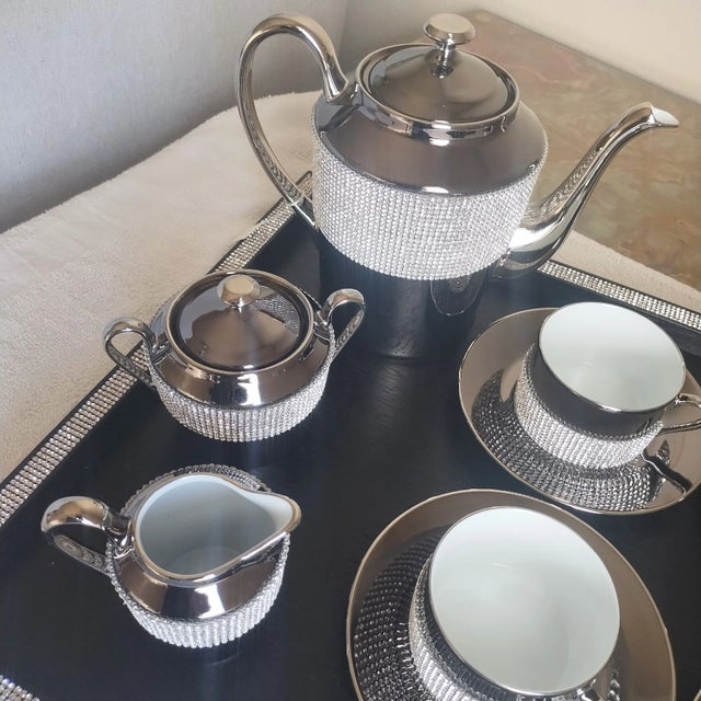 Sophie Villepigue, Paris Limoges Platinum Porcelain Swarovski Paved Tea Pot Creamer Sugar & Cups + Tray 12 Pieces For Sale - Image 9 of 17