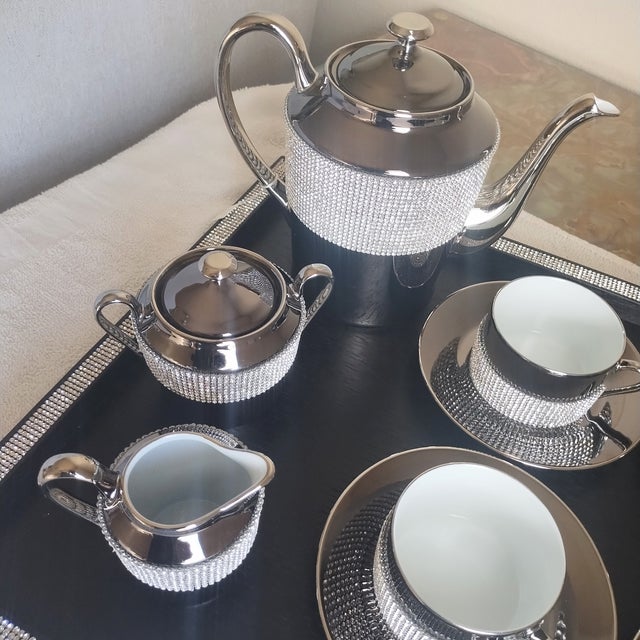 Sophie Villepigue Paris Platinum Limoges Swarovski Crystal Tea/Coffee Set & Tray - Service for 4 For Sale - Image 9 of 17