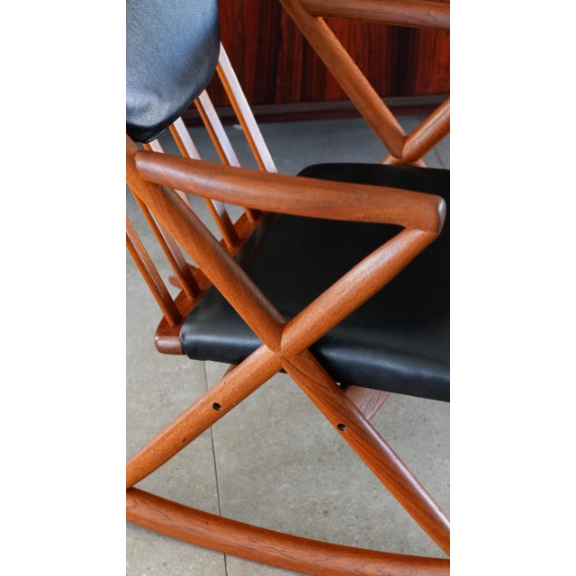 1960s 1960s Attributed to Benny Linden Danish Teak Rocking Chair | Reupholstered Black Leather For Sale - Image 5 of 13