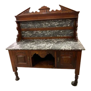 Edwardian Oak Sideboard Server, Marble Top, C. 1901-1910