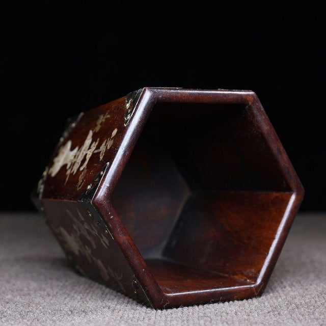 Brown Huali Rosewood Hexagonal Brush Pot Inlaid With Mother-of-Pearl For Sale - Image 8 of 10