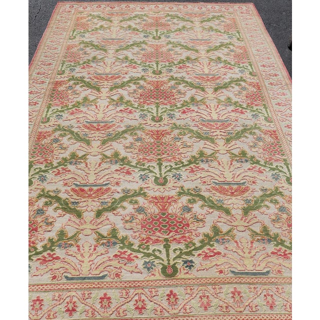 Traditional Antique Spanish Gallery Rug With Coral, Olive, and Cream Floral Design For Sale - Image 3 of 15