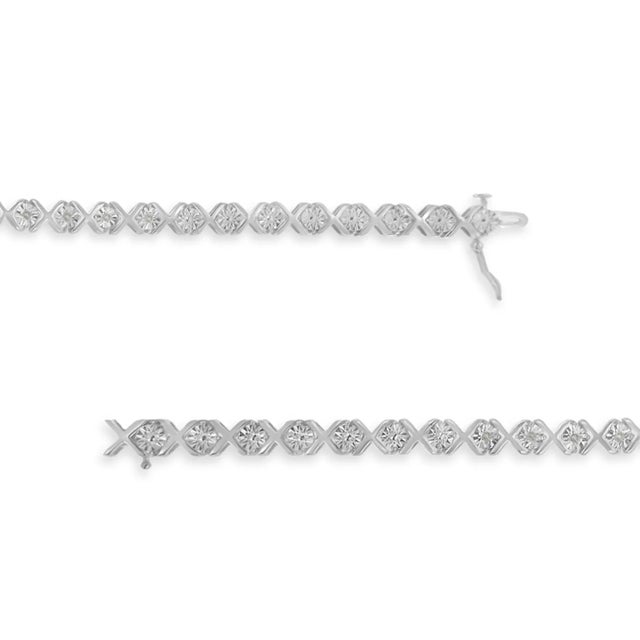Contemporary .925 Sterling Silver 1/10 cttw Miracle-Set Round-Cut Diamond "X" Link Tennis Bracelet (I-J color, I2-I3 clarity) - 7.25" For Sale - Image 3 of 8