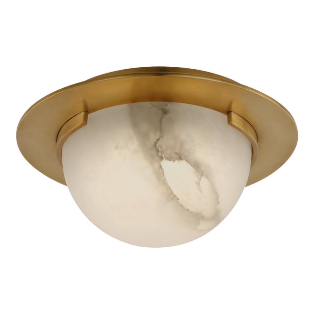 Kelly Wearstler for Visual Comfort Signature Melange 6" Solitaire Flush Mount in Antique-Burnished Brass with Alabaster Shade For Sale