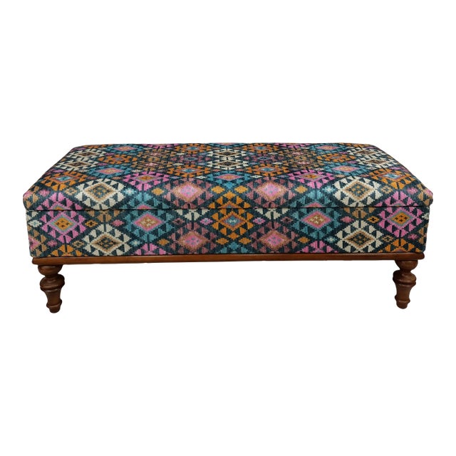 Aztec Design Rug Print Fabric Upholstered Cushioned Storage Bench For Sale