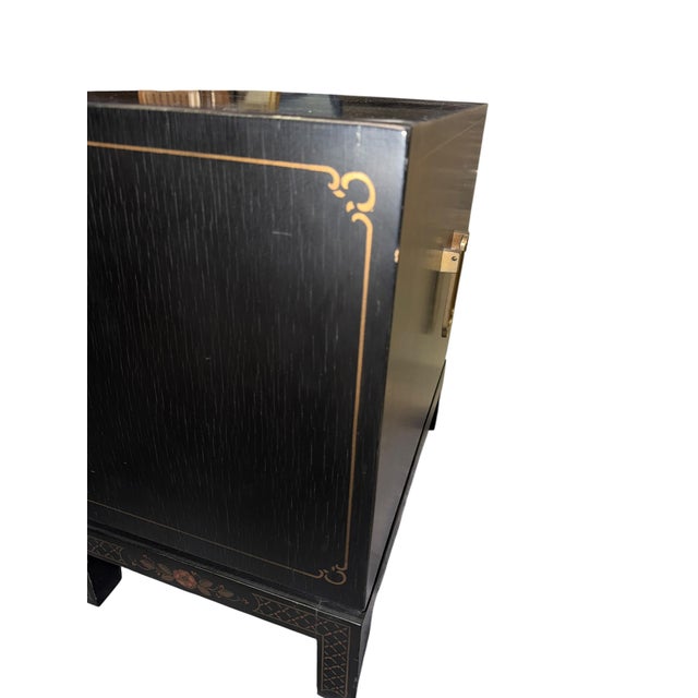 Paint Vintage Chinoiserie Black Lacquer Cabinet Side Table — Hand-Painted Asian Landscape For Sale - Image 7 of 11