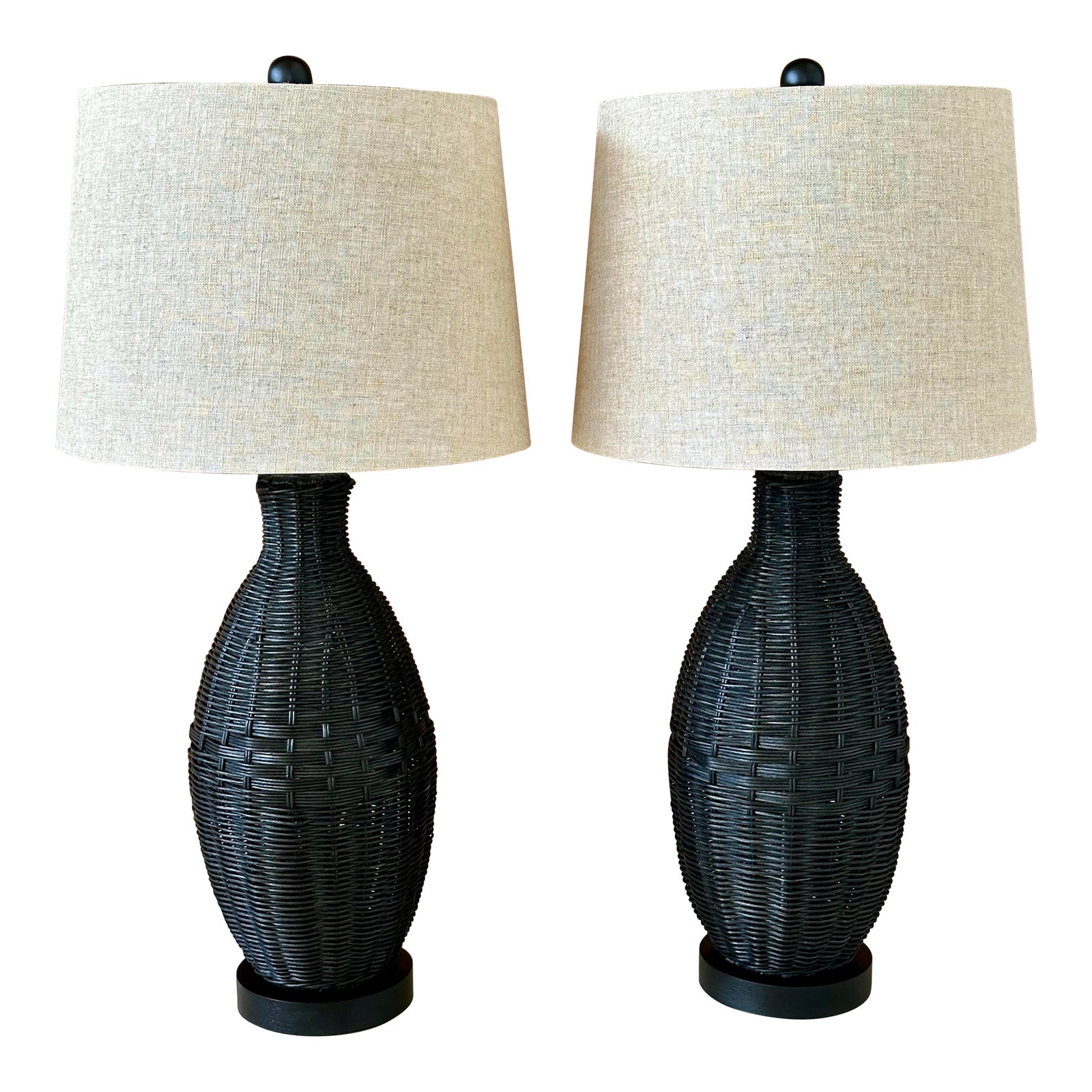 Image showcasing Coastal Boho Black Woven Wicker Table Lamps With Linen Taupe Shades ...