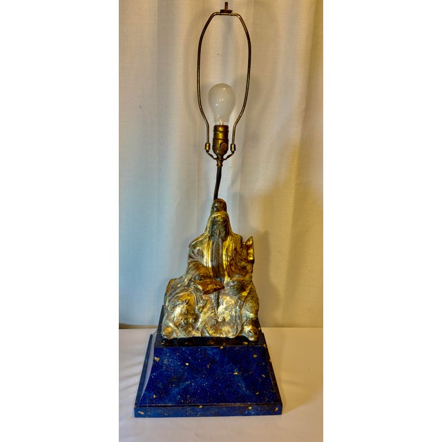 Frederick Cooper Mid-Century Parcel Gilt Faux Lapis Lazuli Asian Figural Table Lamp For Sale - Image 4 of 10