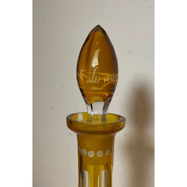 Yellow Antique Yellow Cut to Clear Czech Bohemian Crystal Glass Liquor Decanter Bottle For Sale - Image 8 of 13
