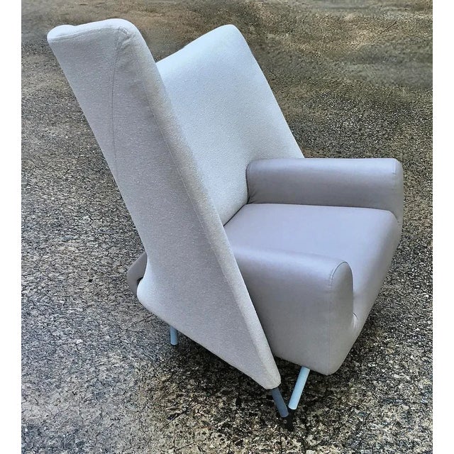 Vintage abstract Modern style leather and fabric upholstered club chair designed by Degalleno with leather seat, arms, and...