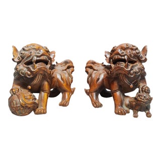 Late 20th Century Pair of Boxwood Carved “Ruyi Lion” Statues – Auspicious Chinese Wood Sculpture Set For Sale