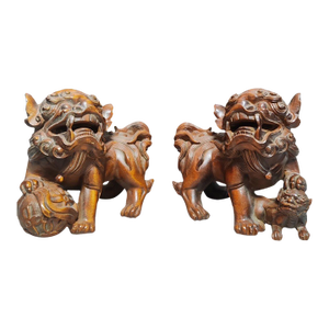 Late 20th Century Pair of Boxwood Carved “Ruyi Lion” Statues – Auspicious Chinese Wood Sculpture Set