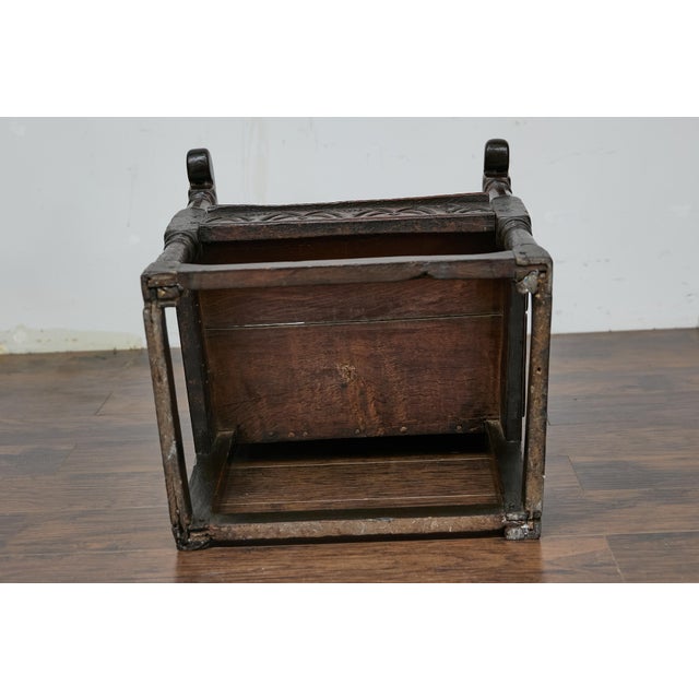 English Jacobean 1690s Oak High Back Armchair with Carved Décor and Turned Legs For Sale - Image 11 of 12