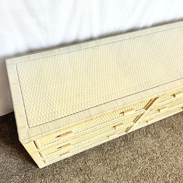 Boho Chic Boho Chic White Washed Wrapped Wicker Glass Top Dresser For Sale - Image 3 of 7