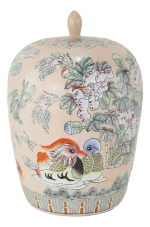 Vintage Hand-Painted Porcelain Ginger Jar With Mandarin Ducks and Floral Motif