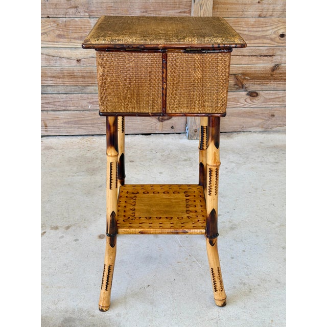 Late 19th Century Late 19th Century Restored Scorched Bamboo Sewing Stand With Woven Rattan Top For Sale - Image 5 of 11
