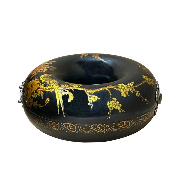 1990s Oriental Black Flower Bird Graphic Donut Shape Container Box For Sale - Image 5 of 9