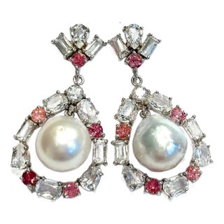 Bochic “Orient” Pink Sapphire, Topaz & Pearl Earrings Set 18K Gold & Silver, 2 pieces For Sale