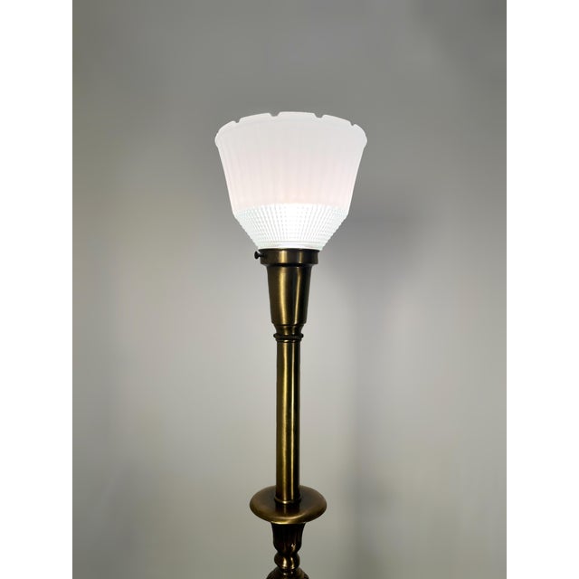 Neoclassical Complete Stiffel Brass Torchiere With Original Waffle Weave Diffuser, Original Drum Shade and Finial For Sale - Image 3 of 13
