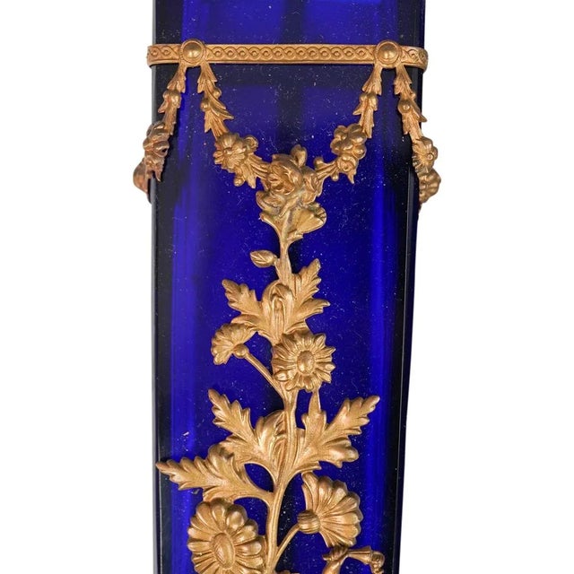 Pair Antique French Cobalt Glass Gilt Bronze Cherub Putti Wall Sconces For Sale - Image 10 of 13