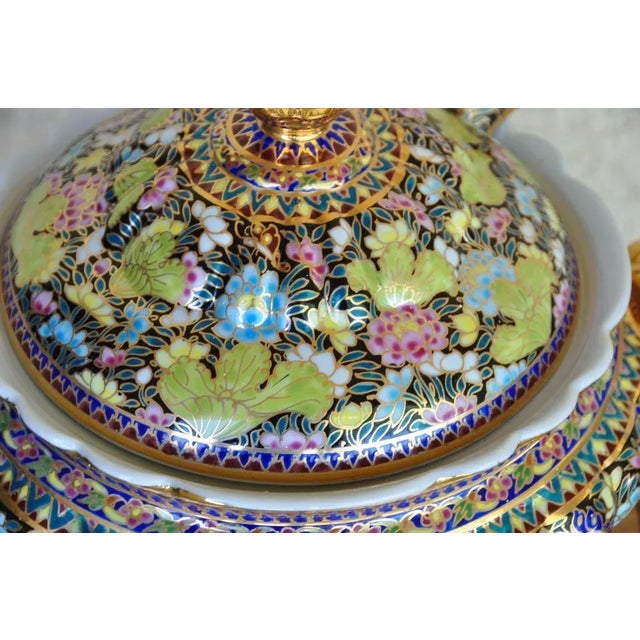Thai Benjarong Porcelain Soup Tureen & Ladle Set With Hand-Painted Floral Decorations For Sale - Image 12 of 13