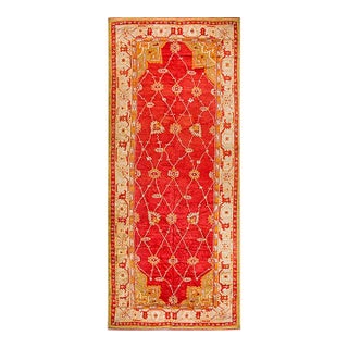 1900s Red Palmettes Arts and Crafts Antique Turkish Oushak Rug 9' X 21' 5" Handknotted Wool Carpet For Sale