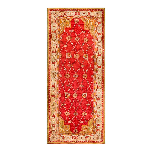 1900s Red Palmettes Arts and Crafts Antique Turkish Oushak Rug 9' X 21' 5" Handknotted Wool Carpet For Sale