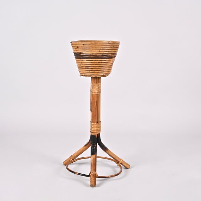 Mid-Century Italian Round Bamboo Cane and Rattan Plant Holder, 1950s For Sale - Image 10 of 18