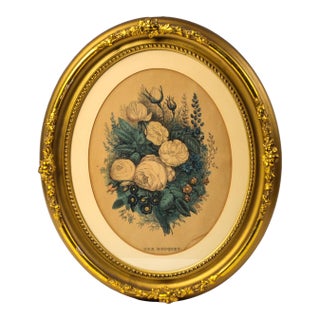 Vintage Floral Print in Gold Oval Frame "The Bouquet" For Sale