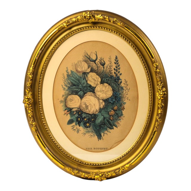 Vintage Floral Print in Gold Oval Frame "The Bouquet" For Sale