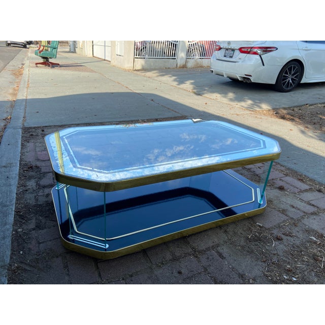 Vintage Hollywood Regency Style Black Lacquer and Glass Floating Coffee Table With Patina For Sale - Image 15 of 18