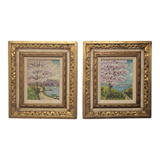 Pair Signed M. Clark Coastal Landscape Oil Paintings in Carved Gilt Frames 18.5" For Sale