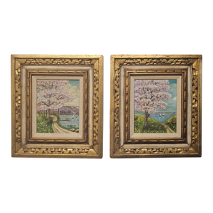 Pair Signed M. Clark Coastal Landscape Oil Paintings in Carved Gilt Frames 18.5"