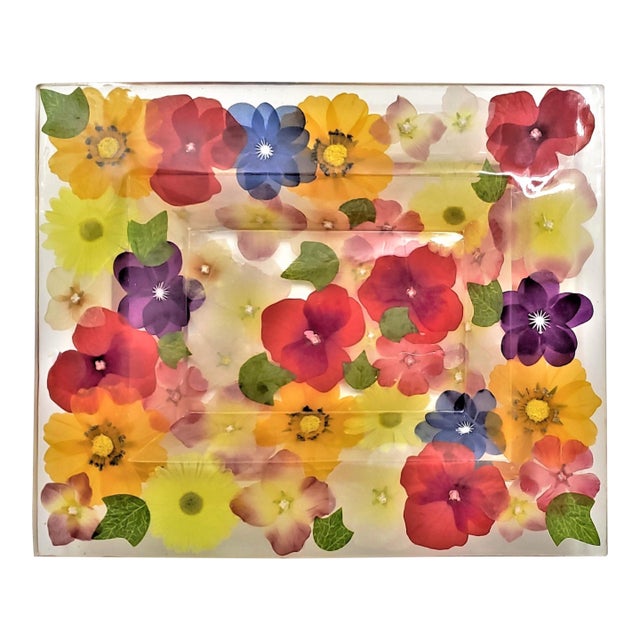 Lucite Tray or Bowl Dyed Silk Flowers For Sale