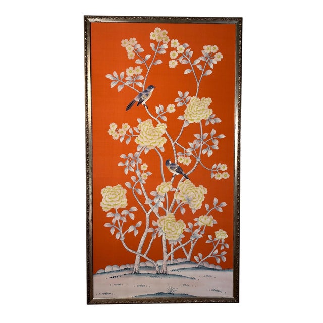 Gracie Chinoiserie Hand-Painted Silk Panel on Dark Orange Silk in Italian Silver Gilt Frame For Sale - Image 4 of 9