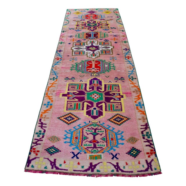 Textile 1970s Runner Rug Turkish Hand-Knotted Rug Pink Hallway Decor Kitchen Runner 3x10 Ft Approx For Sale - Image 7 of 18
