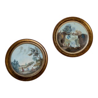19th Century Pair of French Miniature Gouache & Watercolor Landscape Paintings For Sale