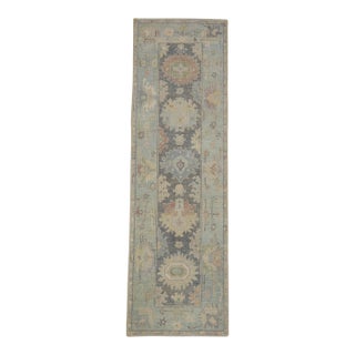 Turkish Oushak Runner Rug Muted Blue & Beige Handwoven Wool Rug 2'9" X 8'10" For Sale