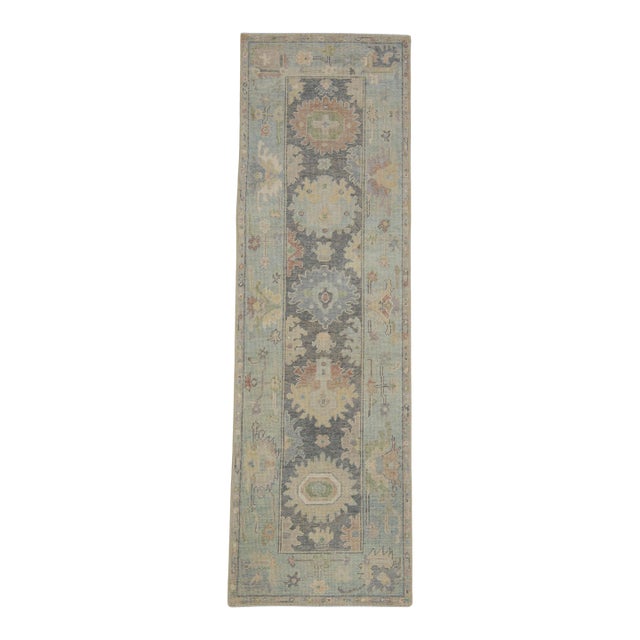 Turkish Oushak Runner Rug Muted Blue & Beige Handwoven Wool Rug 2'9" X 8'10" For Sale