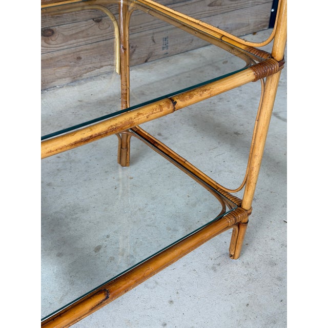 Vintage Boho Coastal Rattan Étagère With Fan Top and Glass Shelves For Sale - Image 11 of 12