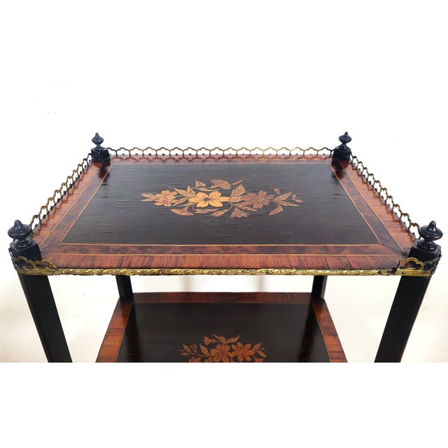 19th C French Inlaid 3 Tier Rosewood Ebony & Bronze Gallery Table Stand Etegere For Sale - Image 11 of 15