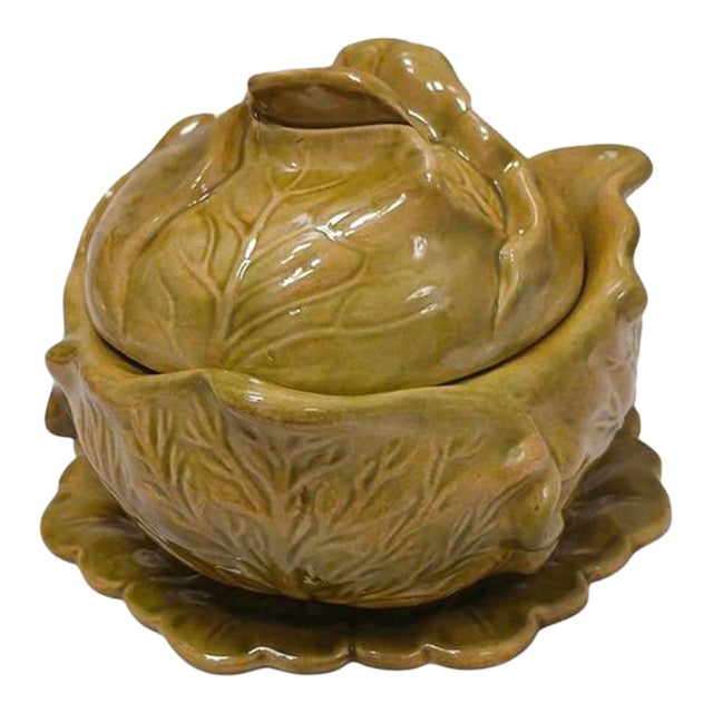 1960s Spring Cabbage Lettuce Turain Serving Bowl W Lid & Plate Green Ceramic Cottage Farm Easter For Sale