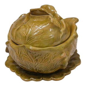 1960s Spring Cabbage Lettuce Turain Serving Bowl W Lid & Plate Green Ceramic Cottage Farm Easter